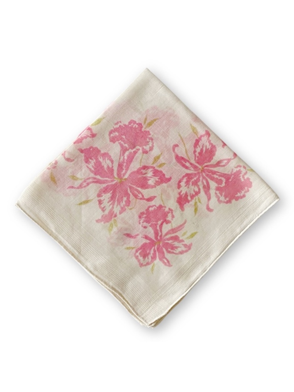 Antique Midcentury Ivory White Pink Orchid Floral Silk Linen Handkerchief
